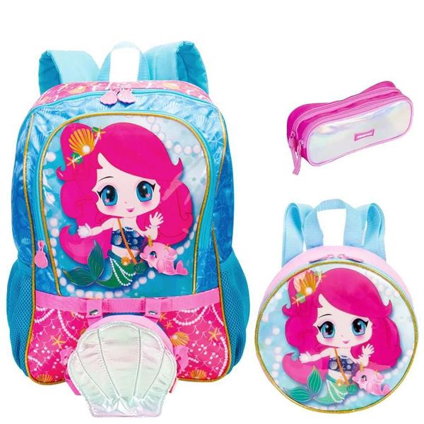 Imagem de Kit Mochila Escolar Sereia Anime Infantil Costas G Sestini