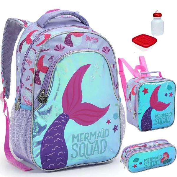 Imagem de Kit Mochila Escolar Sereia Costas Alças G Infantil Meninas