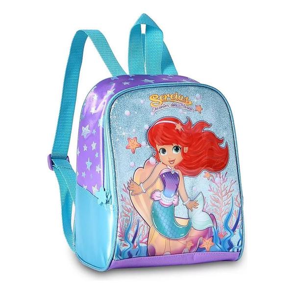 Imagem de Kit Mochila Escolar Sereia Encanto Infantil Costas Alças G