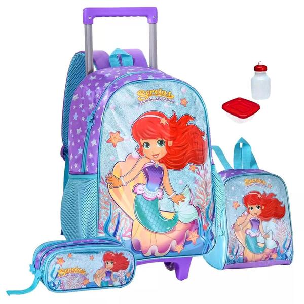 Imagem de Kit Mochila Escolar Sereia Encanto Infantil Rodinhas Alças G