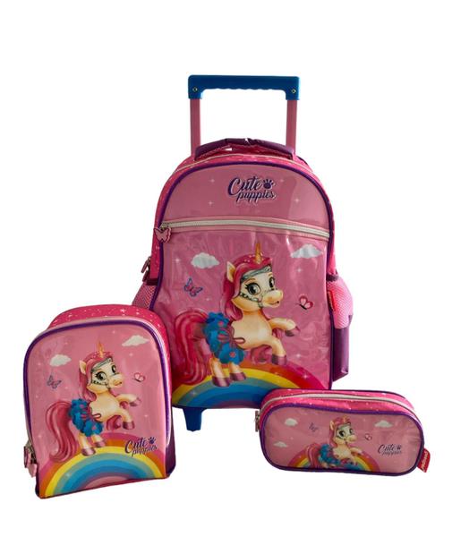 Imagem de Kit Mochila Escolar Unicórnio Arco Íris Rodinhas G Meninas