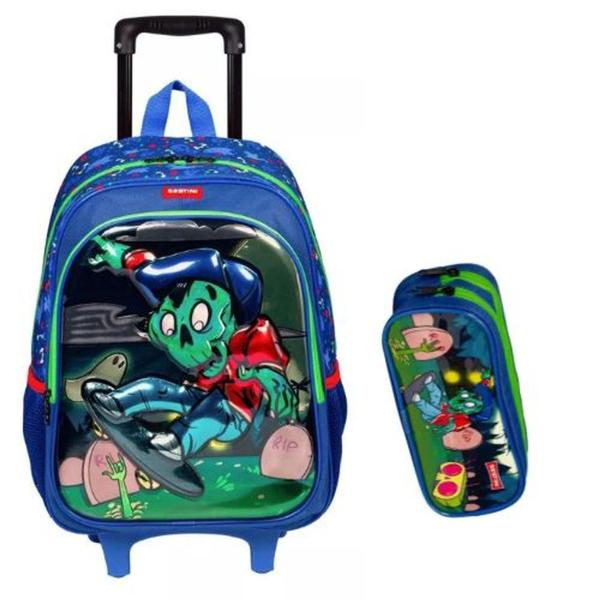 Imagem de Kit Mochila + estojo Escolar Infantil Meninos Zumbi Monstrinho Rodinhas G