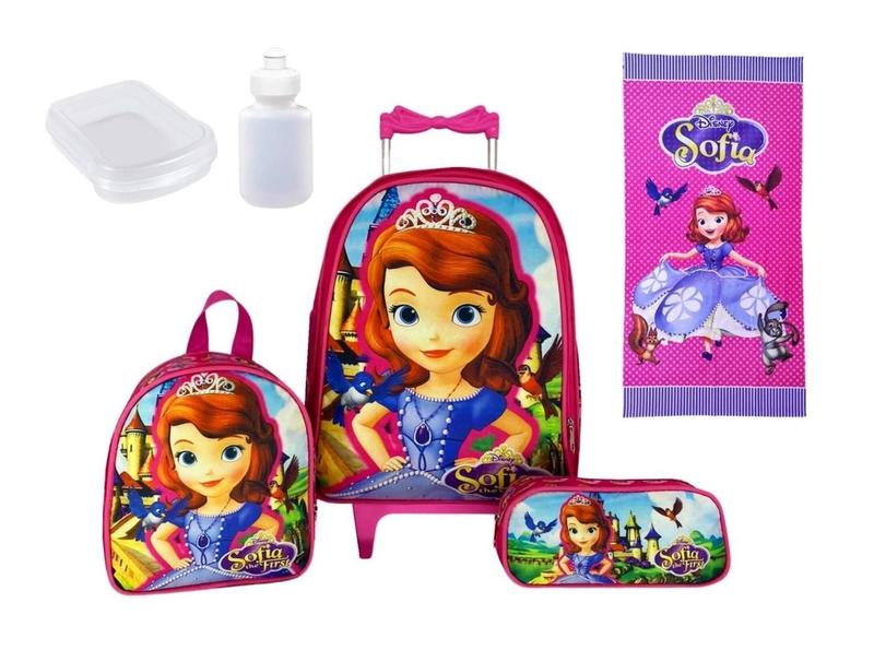 Imagem de Kit Mochila Feminina Infantil Rodinhas Princesa Sofia