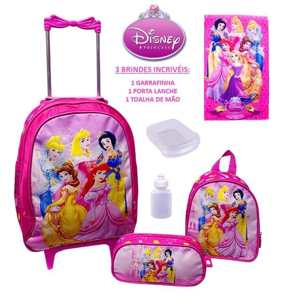 Imagem de Kit Mochila Feminina Infantil Rodinhas Princesas Lancheira E