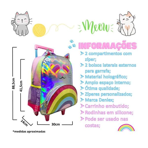 Imagem de Kit Mochila Feminino Rodinhas Gato Colorido Lancheira Estojo