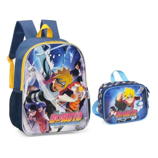 Imagem de Kit Mochila Grande Costas Escolar Lancheira Infantil Boruto