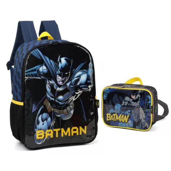 Imagem de Kit Mochila Grande Costas Lancheira Escolar Infantil Batman