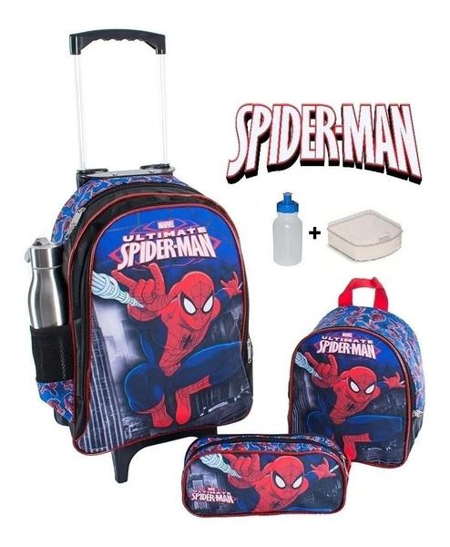 Imagem de Kit Mochila Homem Aranha Infantil Rodinhas Escolar Aulas T3