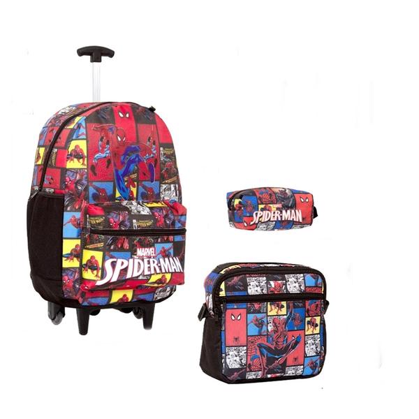 Imagem de Kit mochila homem aranha spider man menino carrinho rodinha Estojo lancheira