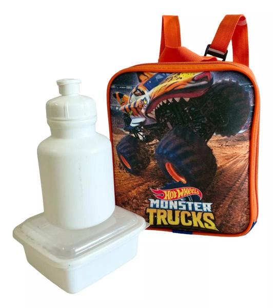 Imagem de Kit Mochila Hot Wheels Monster Truck Tiger Shark Rodinhas G