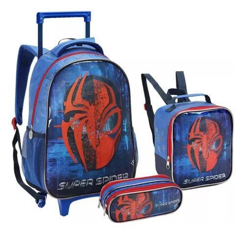 Imagem de Kit Mochila Infantil Aranha Super Spider Azul Rodinhas Tam G