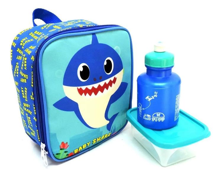 Imagem de Kit Mochila Infantil Baby Shark Rodinha M Papai Tubarão Azul