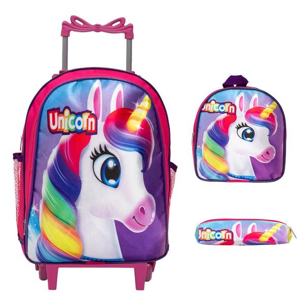 Imagem de Kit Mochila Infantil Com Rodinha Unicórnio Envio Imediato