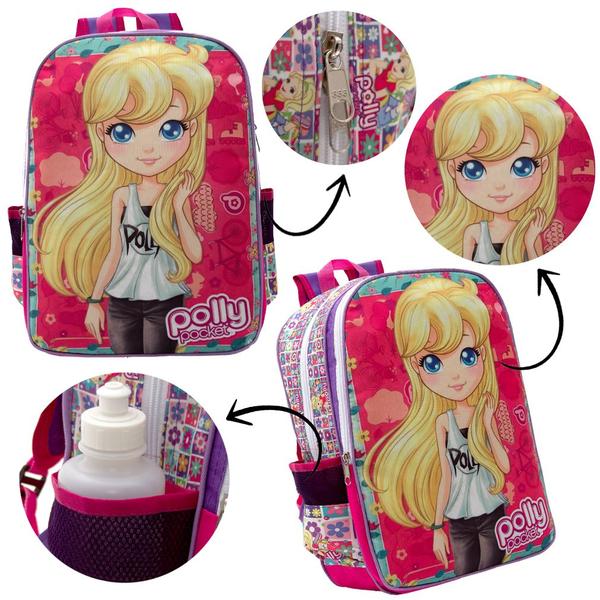 Imagem de Kit Mochila Infantil Costas Escolar Feminina Polly Pocket