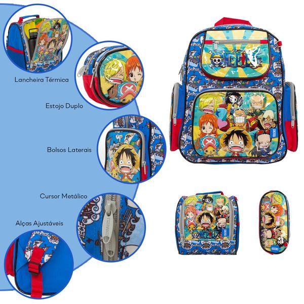 Imagem de Kit Mochila Infantil Costas One Piece Lancheira Estojo Azul