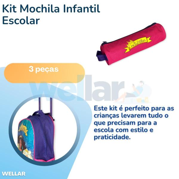 Imagem de Kit Mochila Infantil Escolar com 3 peças Princesas Rosa/Roxo - Sortido