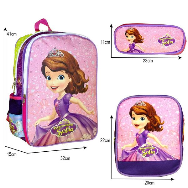 Imagem de Kit Mochila Infantil Escolar Feminina Princesa Sofia Costas