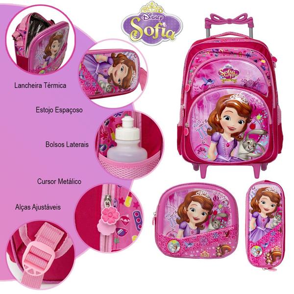 Imagem de Kit Mochila Infantil Escolar Feminina Princesa Sofia Rodinha