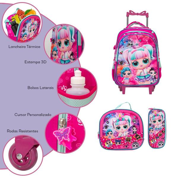 Imagem de Kit Mochila Infantil Escolar Lol Rosa Surprise C Rodinhas