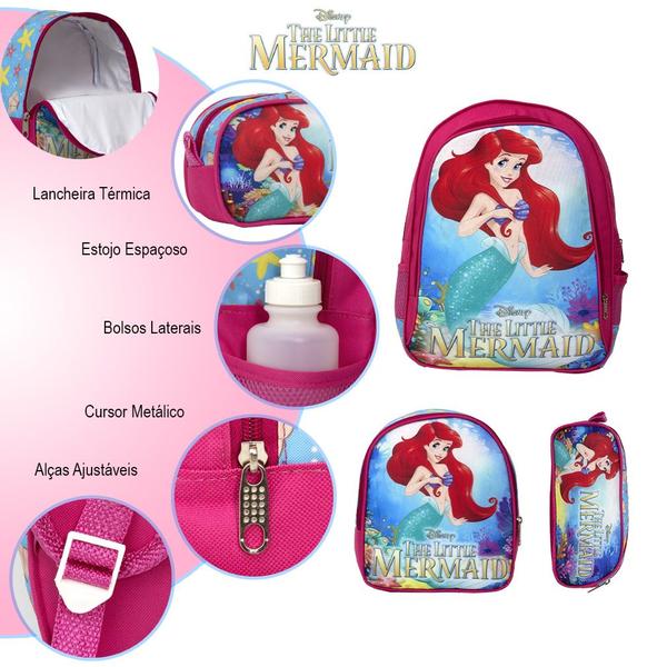 Imagem de Kit Mochila Infantil Escolar Pequena Sereia Ariel De Costas