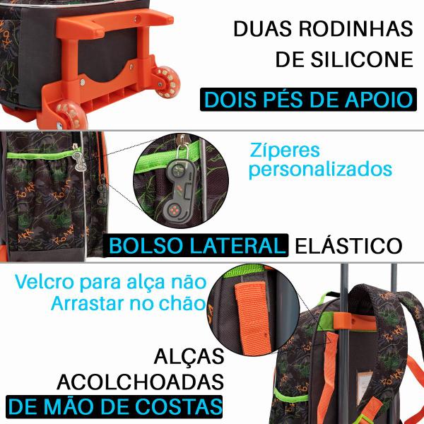 Imagem de Kit Mochila Infantil Escolar Rodinha Costas com Lancheira Estojo Creche Passeio Dinogeek Dinossauro