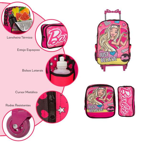 Imagem de Kit Mochila Infantil Feminina Barbie Rodinha Tam G Cor Rosa