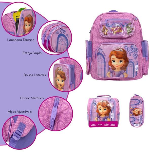 Imagem de Kit Mochila Infantil Feminina Costas Princesinha Sofia Tam G