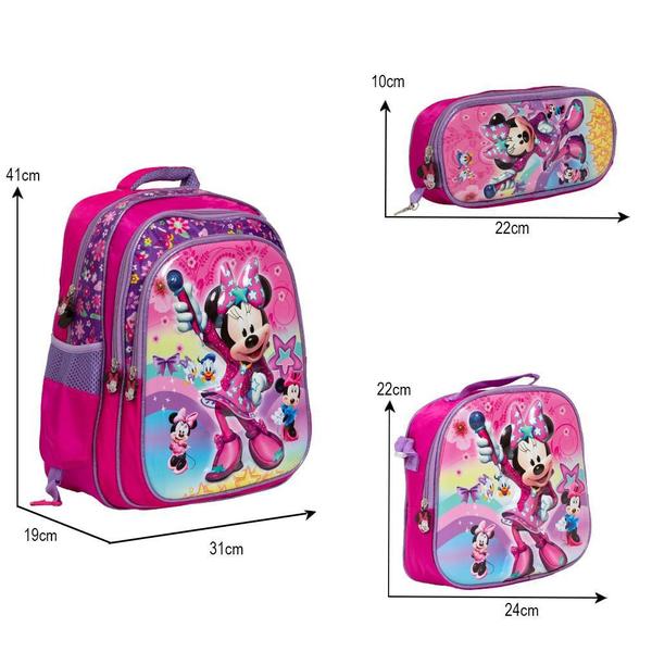 Imagem de Kit Mochila Infantil Feminina Minnie Mouse 3D Com Lancheira