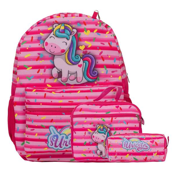 Imagem de Kit Mochila Infantil Feminina Unicórnio Rosa Juvenil Costas