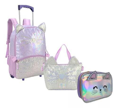 Imagem de Kit Mochila Infantil Gatinho Glitter Up4you Meninas Rodinhas