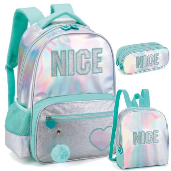 Imagem de Kit Mochila Infantil Juvenil Nice Escolar Costas Tam G Verde