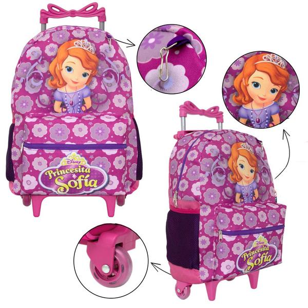 Imagem de Kit Mochila Infantil Juvenil Roxa Princesa Sofia Rodinhas