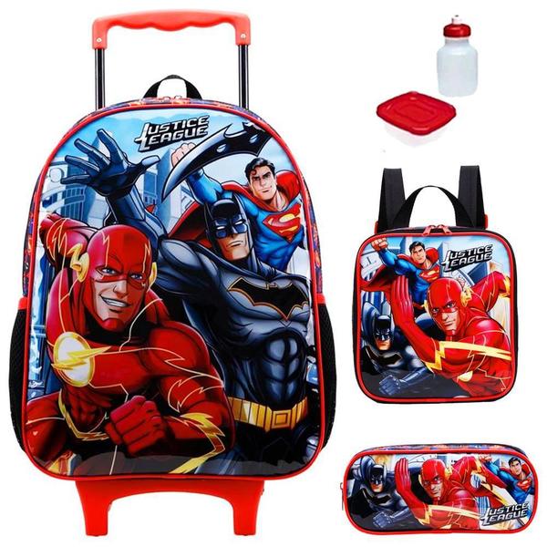 Imagem de Kit Mochila Infantil Liga Da Justiça Escolar Rodinhas Tam G