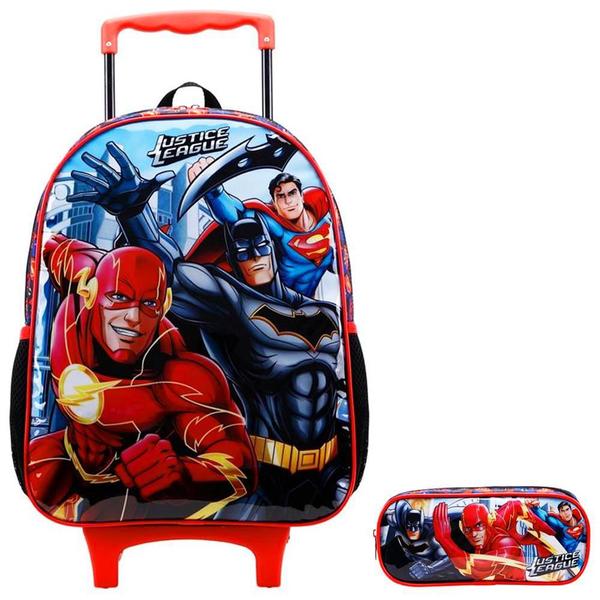 Imagem de Kit Mochila Infantil Liga Da Justiça Rodinhas Tam G Estojo