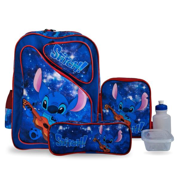 Imagem de Kit Mochila Infantil Lilo e Stitch Azul Costas Tam G