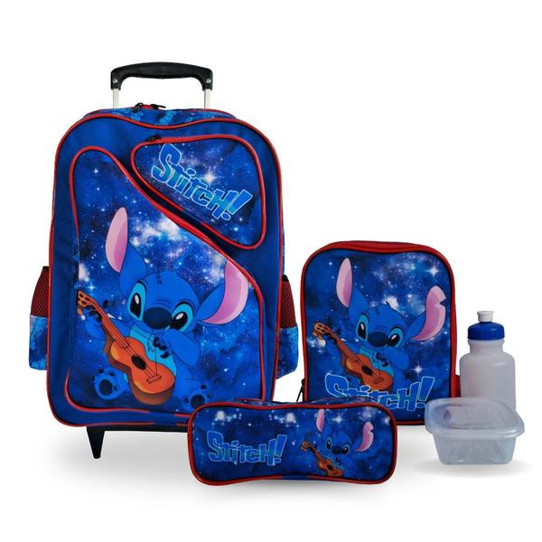 Imagem de Kit Mochila Infantil Lilo e Stitch Azul Rodinhas Tam G