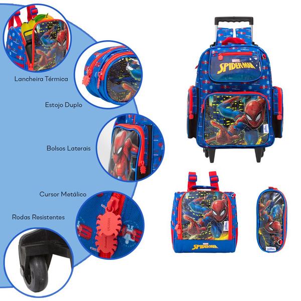 Imagem de Kit Mochila Infantil Masculina Rodinha Spider Man Cor Azul