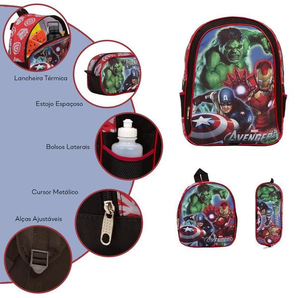 Imagem de Kit Mochila Infantil Masculina Vingadores Costas Tam G