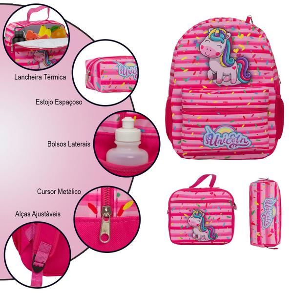 Imagem de Kit Mochila Infantil Menina Juvenil Unicórnio Rosa Reforçada