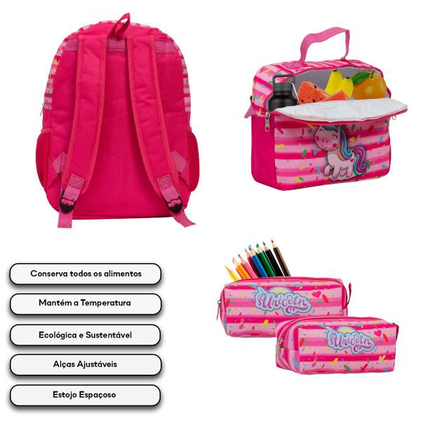 Imagem de Kit Mochila Infantil Menina Juvenil Unicórnio Rosa Reforçada