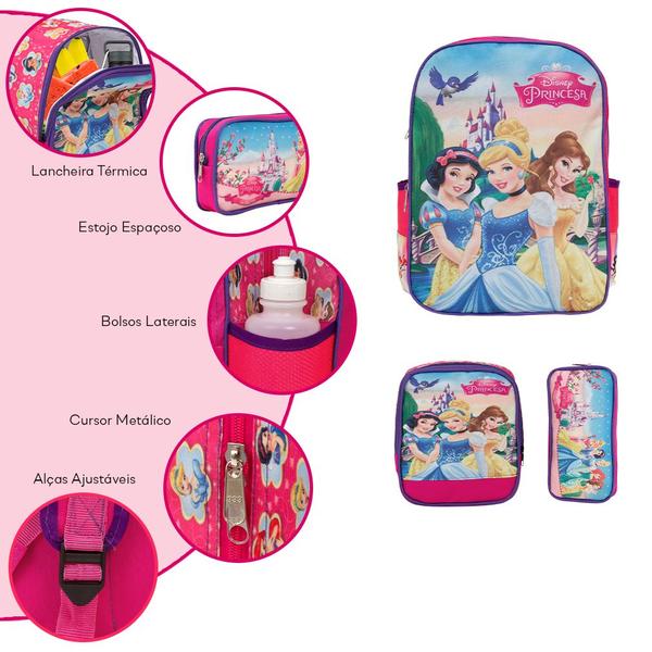 Imagem de Kit Mochila Infantil Menina Princesas Tam G Costas Reforçada