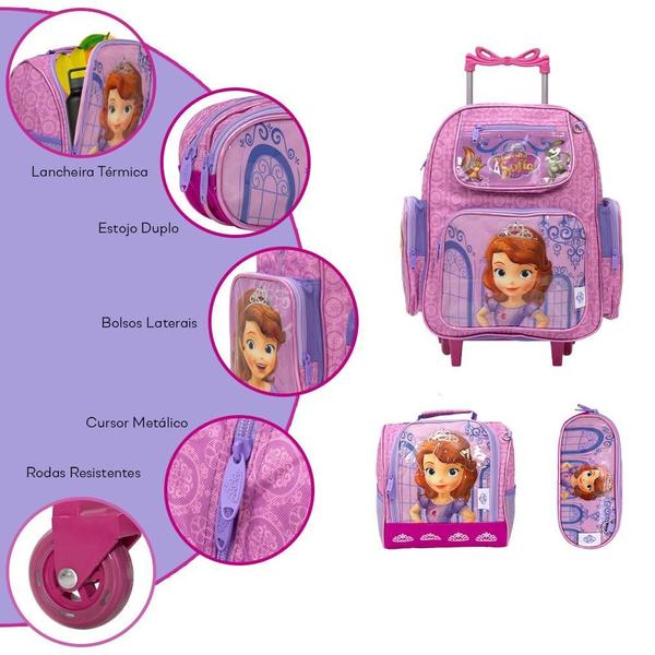 Imagem de Kit Mochila Infantil Menina Rodinha Lancheira Princesa Sofia