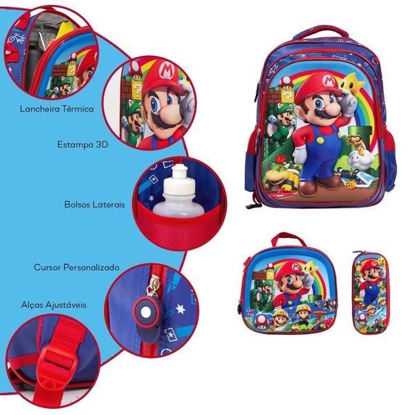 Imagem de Kit Mochila Infantil Menino 3D Super Mario Costas Lancheira