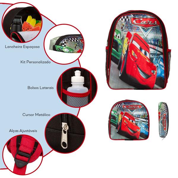 Imagem de Kit Mochila Infantil Menino Carros Personagens Costas Grande