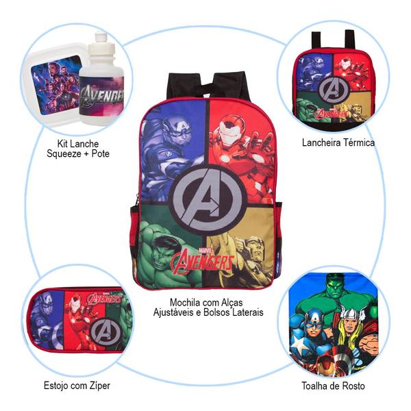 Imagem de Kit Mochila Infantil Menino Costas Avengers Itens Toys 2U