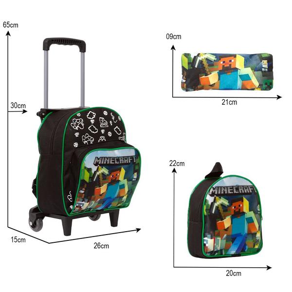 Imagem de Kit Mochila Infantil Menino Minecraft Creche Rodinha 3 Pçs