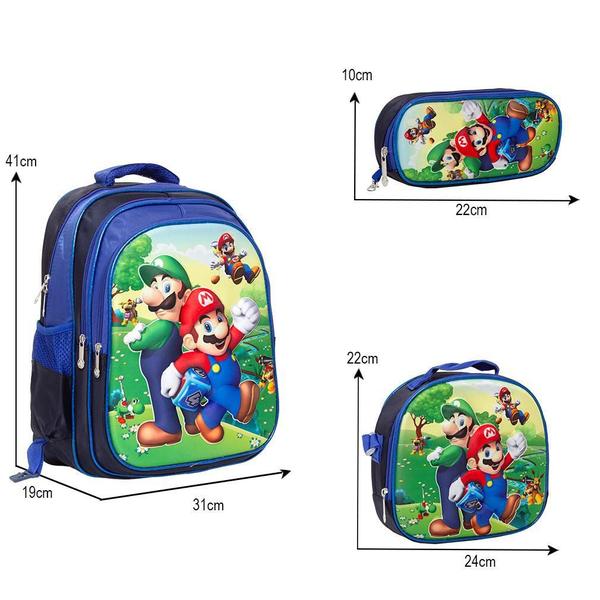 Imagem de Kit Mochila Infantil Menino Super Mario Bros Costas 3D Tam G