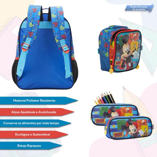 Imagem de Kit Mochila Infantil Mickey Costas Lancheira Estojo Azul