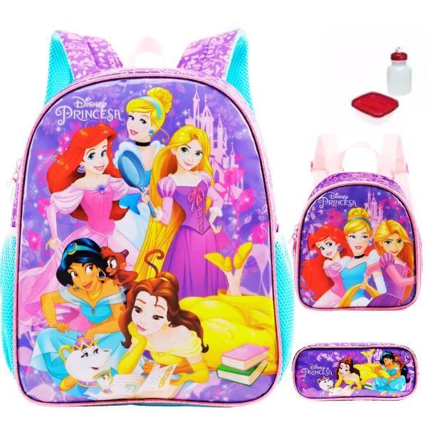 Imagem de Kit Mochila Infantil Princesas Disney Costas Tam G Escolar