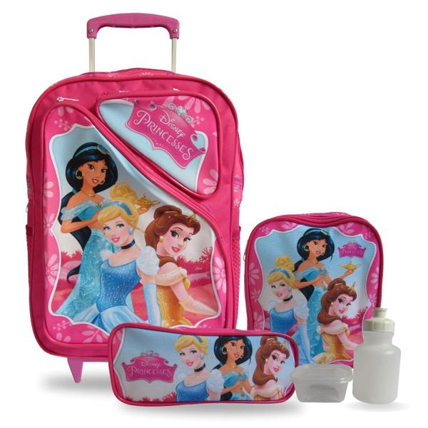 Imagem de Kit Mochila Infantil Princesas Rosa Tam G Rodinhas